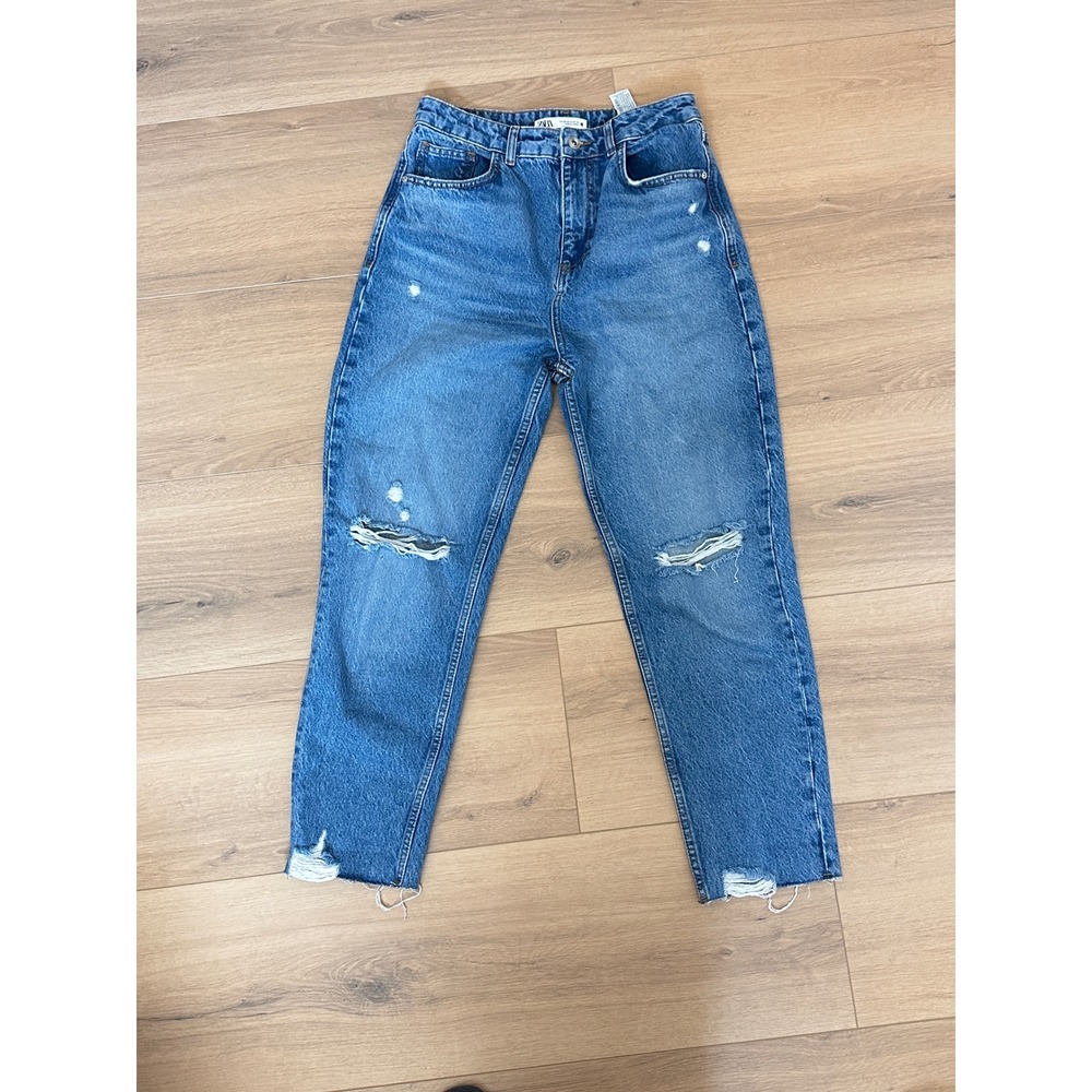 Zara Women Blue Distressed High Rise Mom Jeans Size 8 Medium Wash Frayed Hem